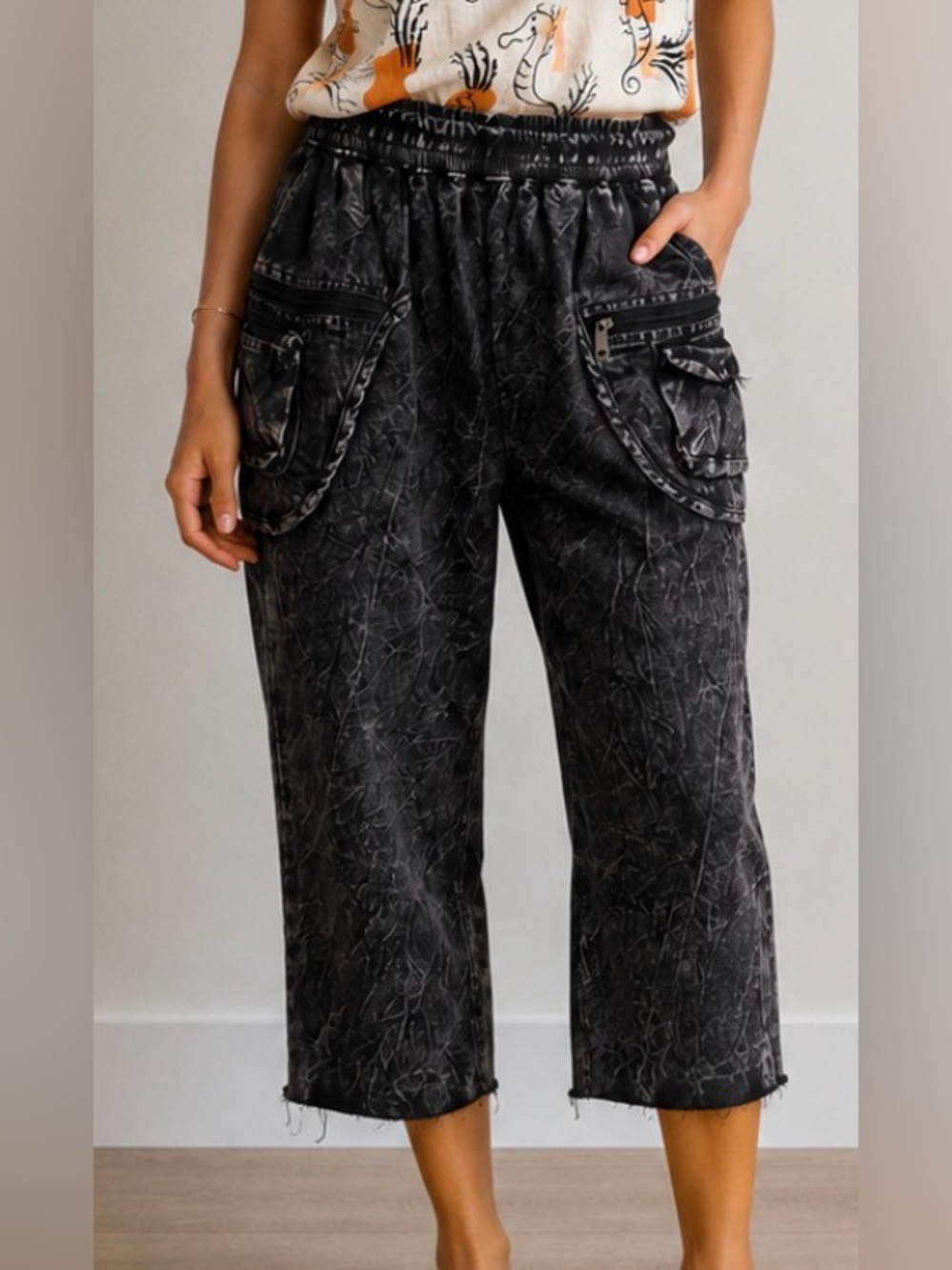 KATMANDU IMPORTS Vintage Black Acid Wash Cropped Pull On Pants Size XS-M